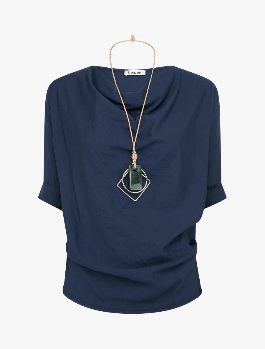 Top met korte mouwen en linnenlook met watervalhals. - Marine