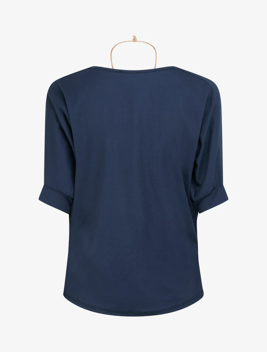 Top met korte mouwen en linnenlook met watervalhals. - Marine - Image 2
