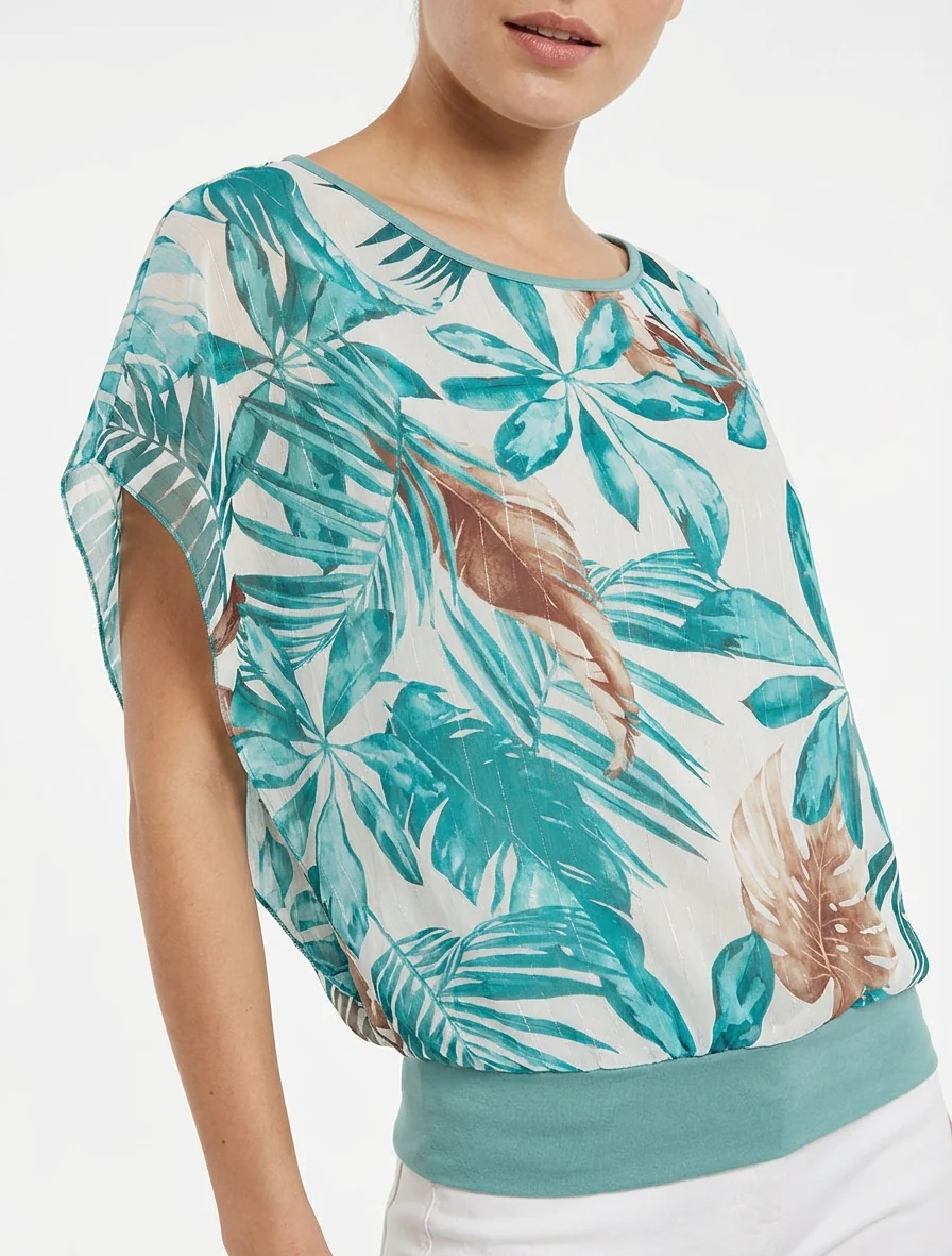 Top met korte mouwen en tropische print - Turkoois - Image 4