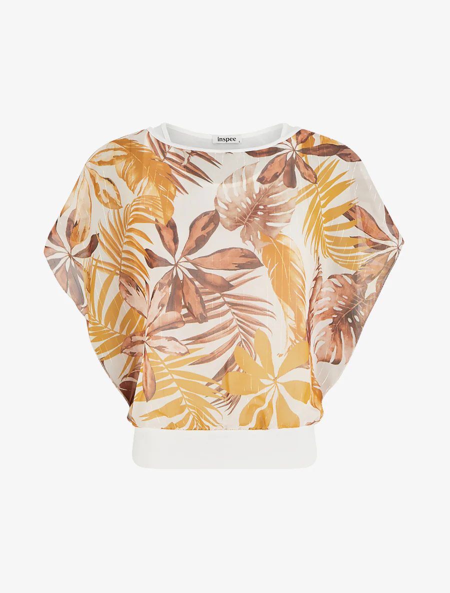 Top met korte mouwen en tropische print - Mosterd