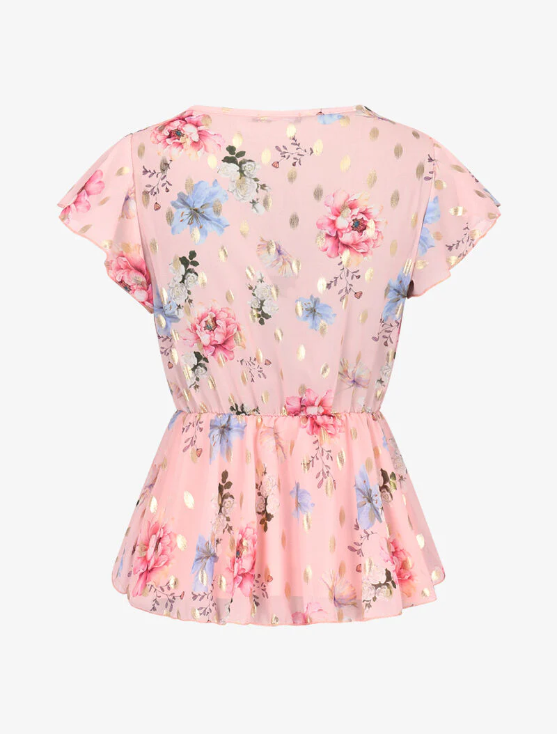 Top met overslag en bloemenprint en flockprint - roze - Image 3