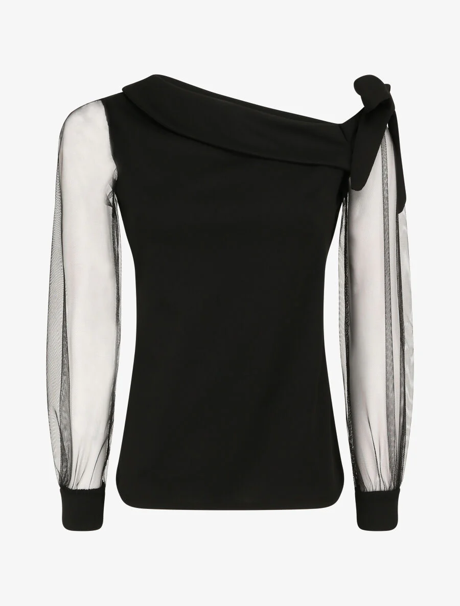 Top met tule mouwen en strikdetail - Zwart
