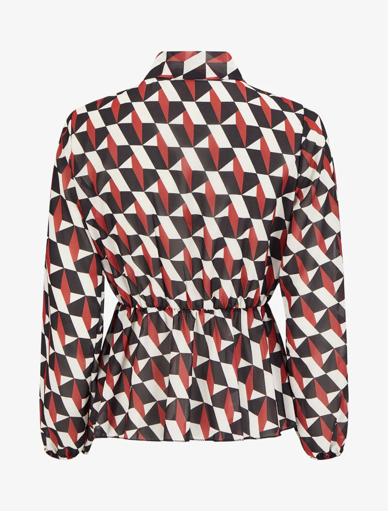 Top peplum met lavallièrekraag en geometrische print - Rood - Image 2