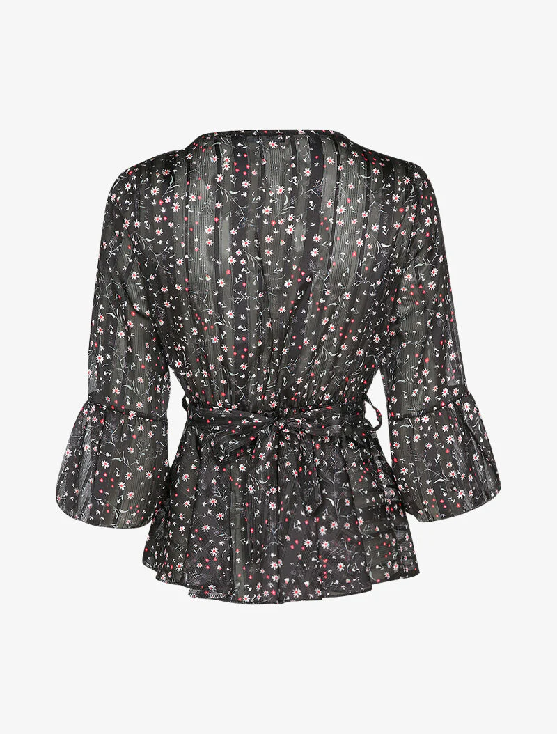 Top met madeliefjesprint en overslaghals - Zwart - Image 2