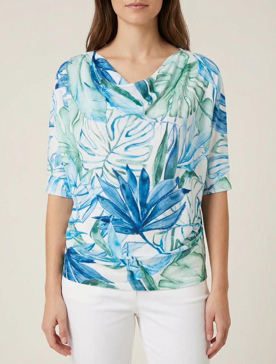 Top tropisch met 3/4 mouwen en geplooid effect - Blauw - Image 4