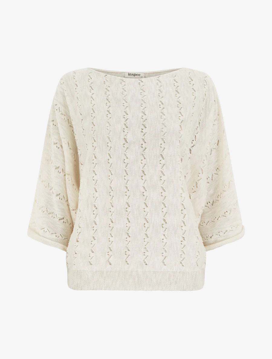 Top van opengewerkte tricot met 3/4 mouwen - Wit