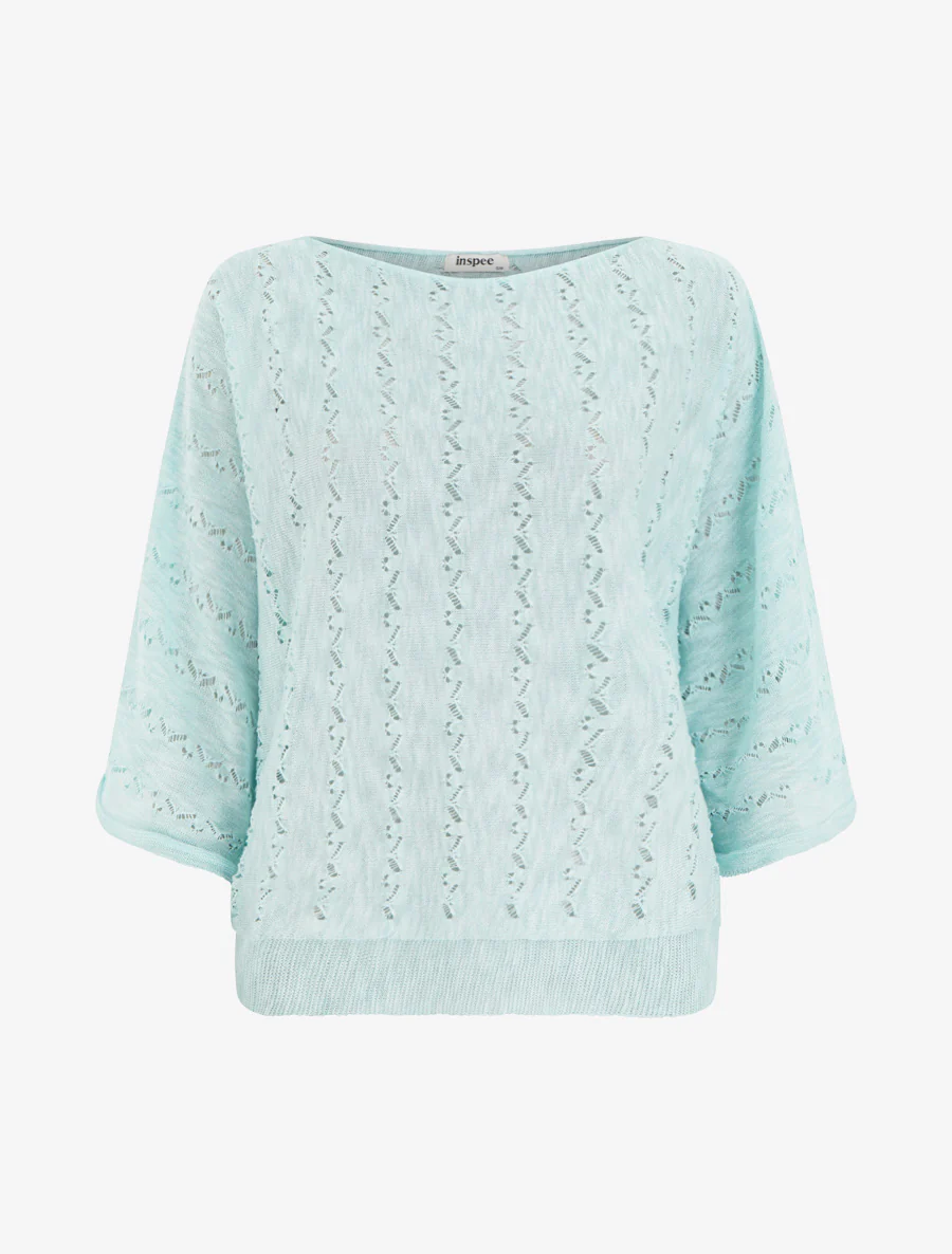 Top van opengewerkte tricot met 3/4 mouwen - Turkoois