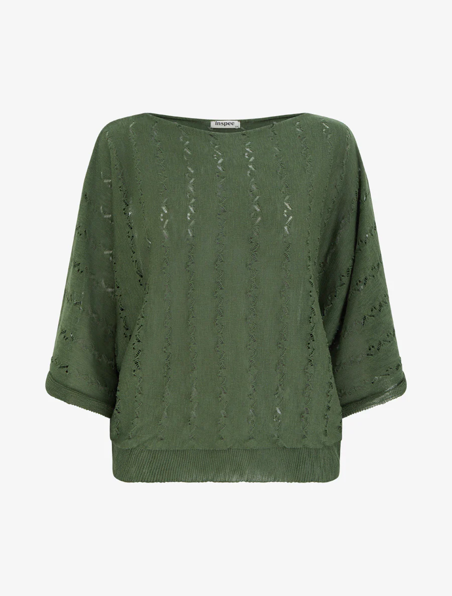 Top van opengewerkte tricot met 3/4 mouwen - Kaki