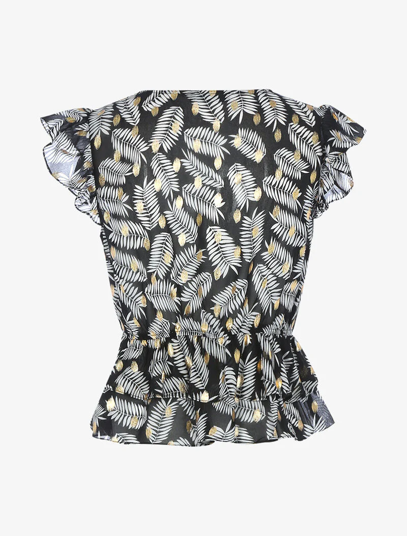 Top met volant in bladprint voile - zwart - Image 2