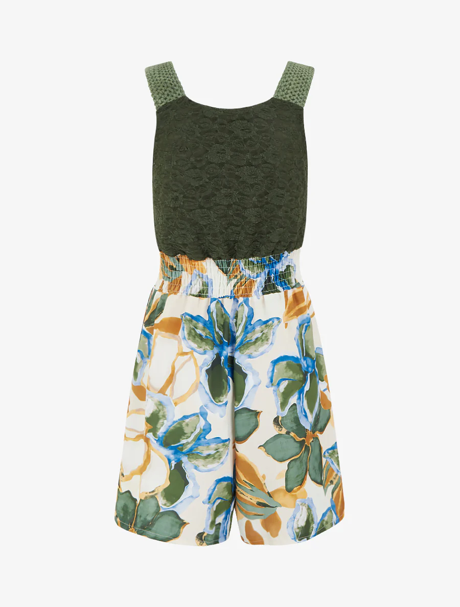 Tropische bloemenprint jumpsuit met kanten bustier. - Kaki - Image 2