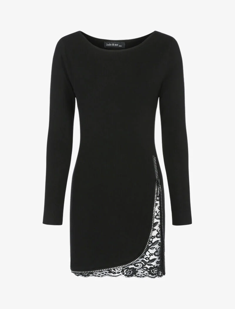 Trui jurk met rits met strass en kant - zwart