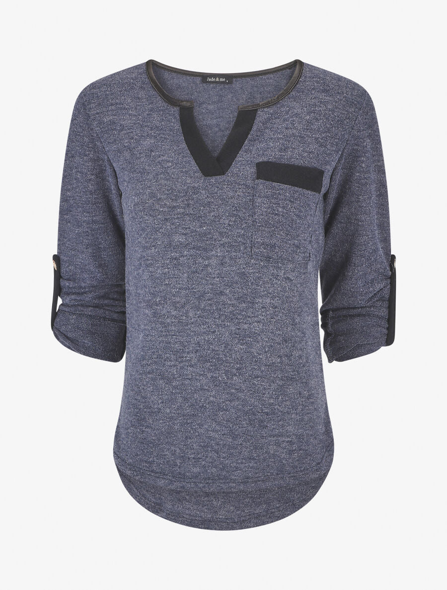 Trui met contrasterende V-hals met oprolbare mouwen - blauw