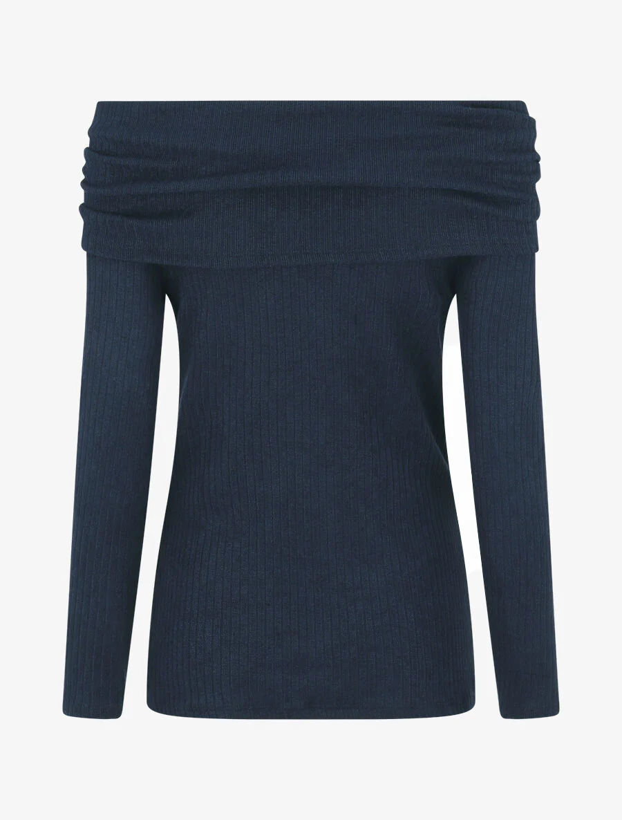 Trui met dunne geribde bardot-hals - Marineblauw - Image 2