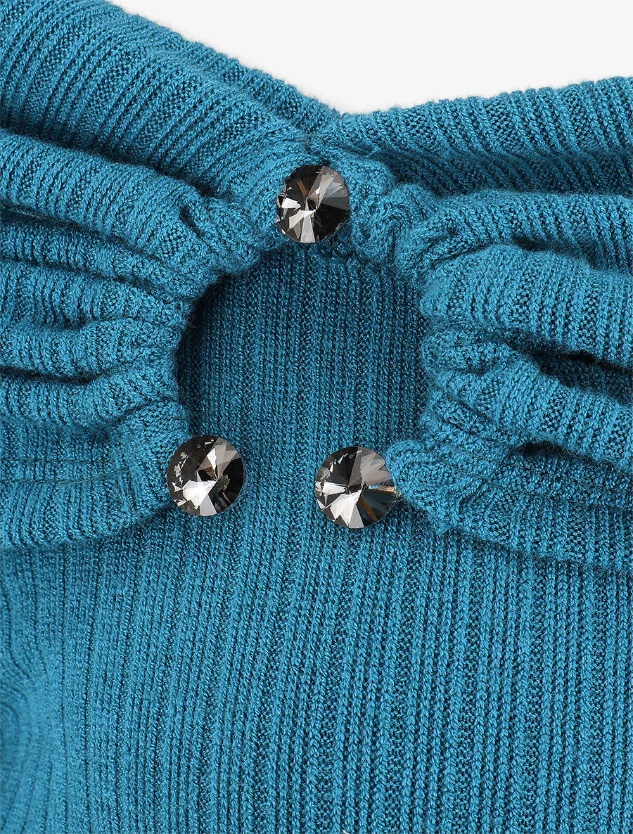 Trui met dunne geribde bardot-hals - eendblauw - Image 3