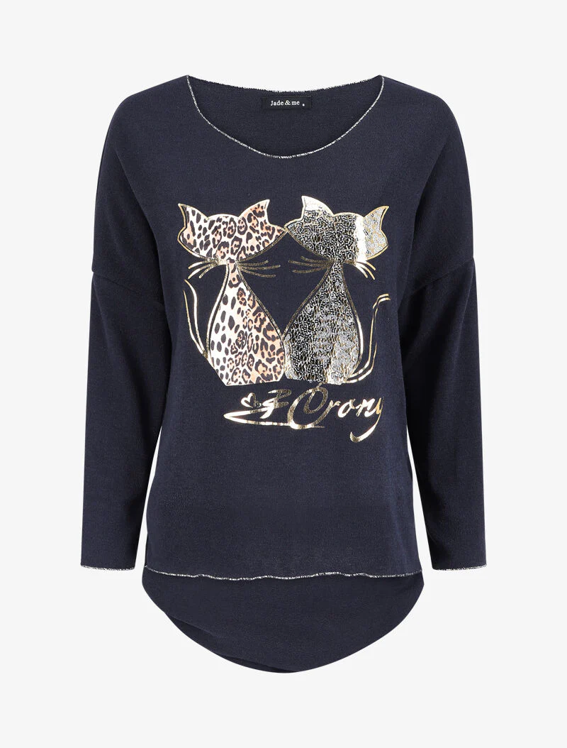 Trui met kattenpatroon met pailletten en luipaardprint - Donkerblauw
