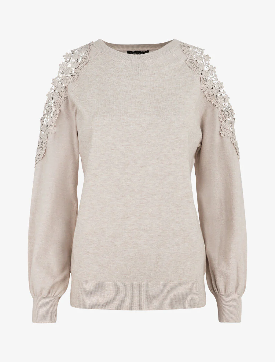Trui met opengewerkte kanten schouders - beige - Image 2