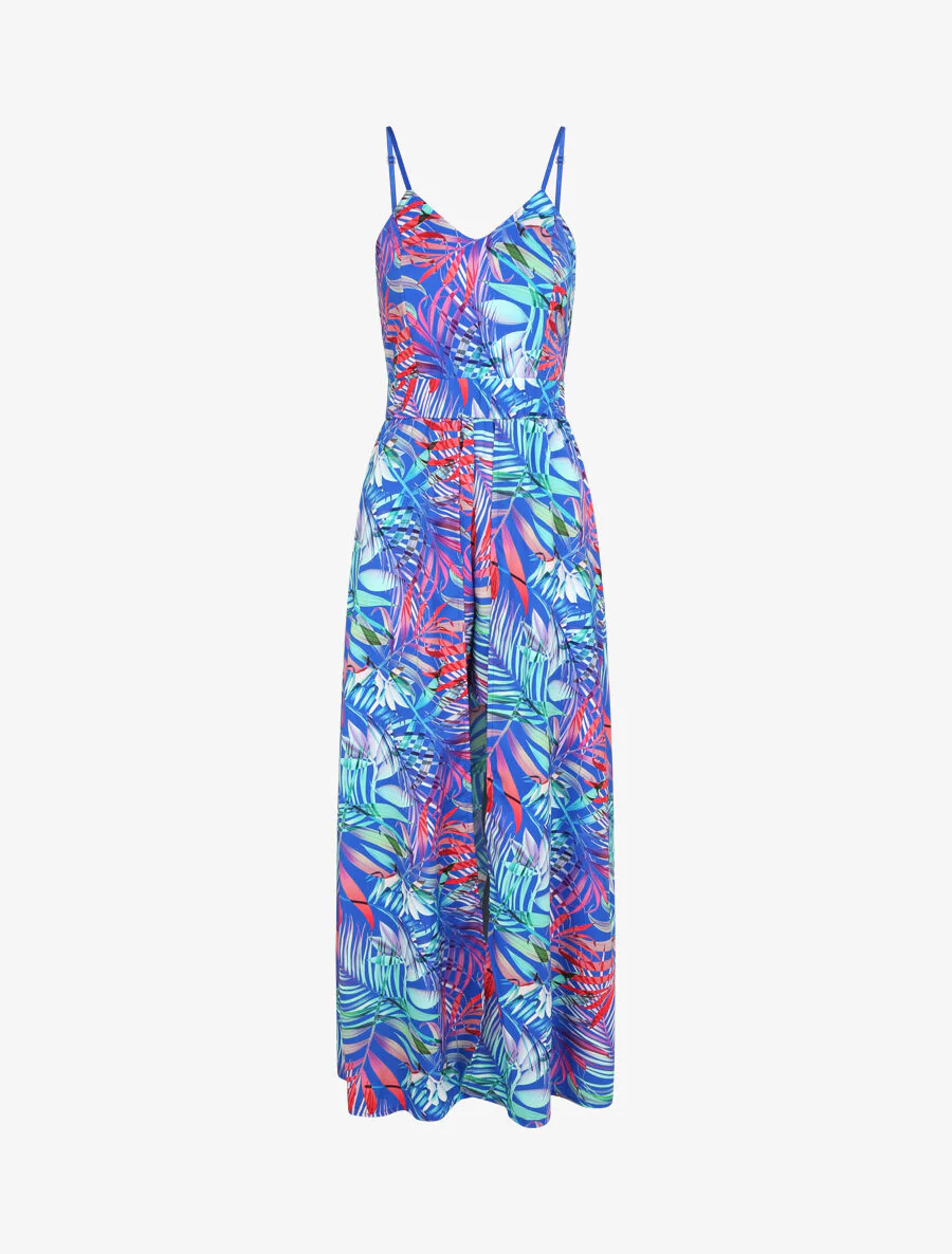 Trompe l'oeil jumpsuit met tropische bladeren print - Koningsblauw