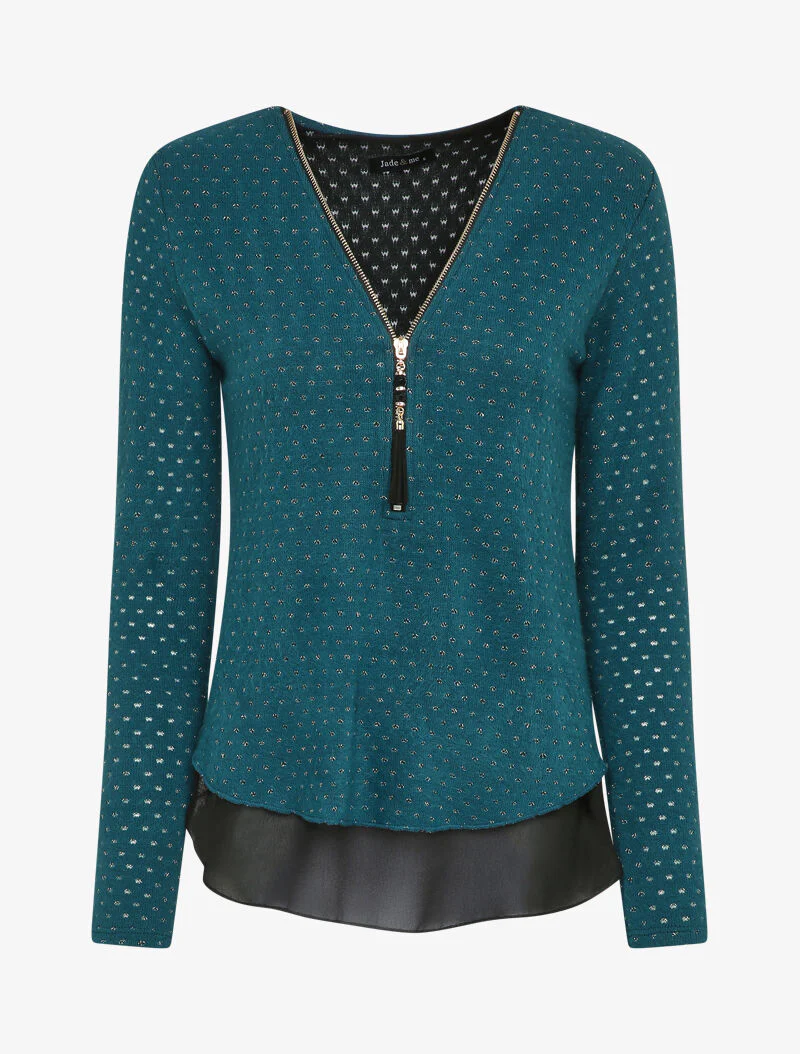 Trui met V-hals en overlappende voile met rits - Blauw