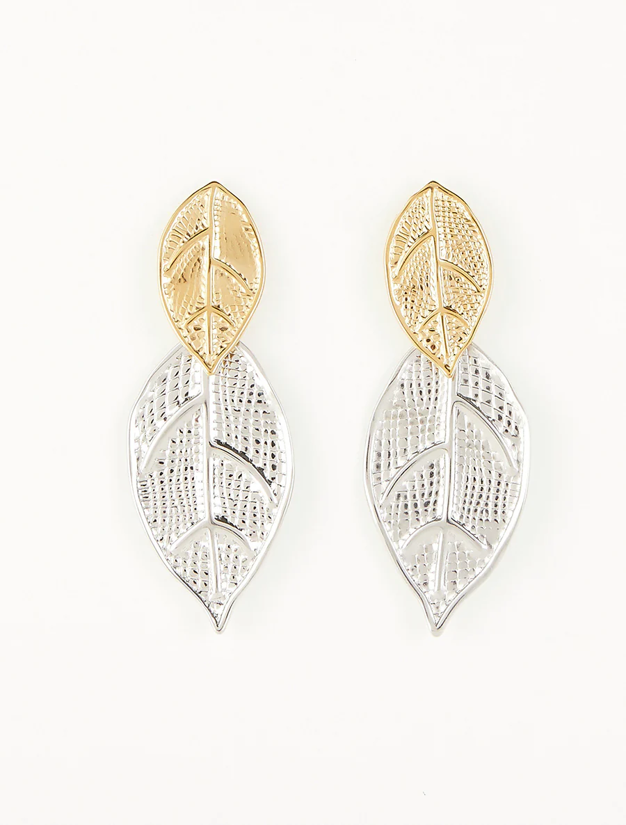 Tweekleurige hangende oorbellen bladeren - Goud/zilver - Image 2