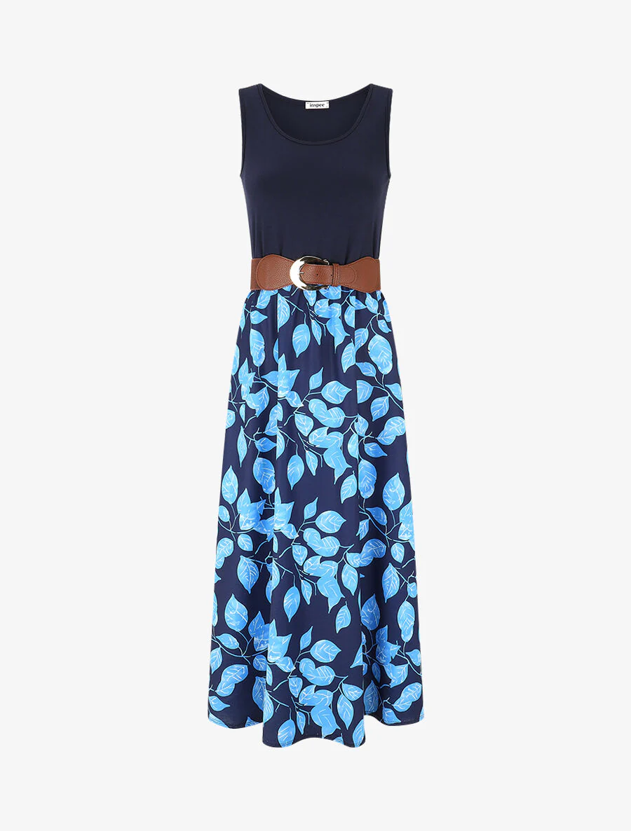 Tweekleurige jurk met bladerprint - Marineblauw