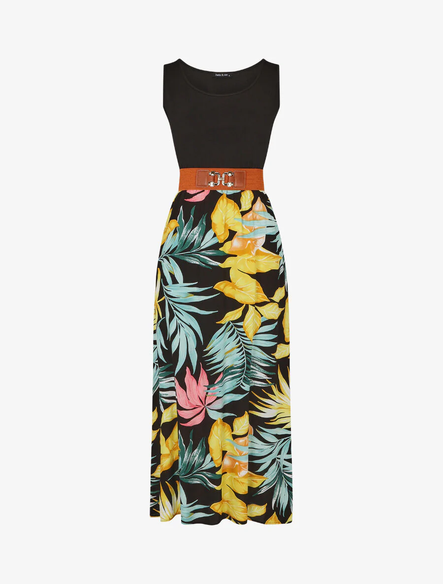 Tweekleurige jurk met tropische print - zwart