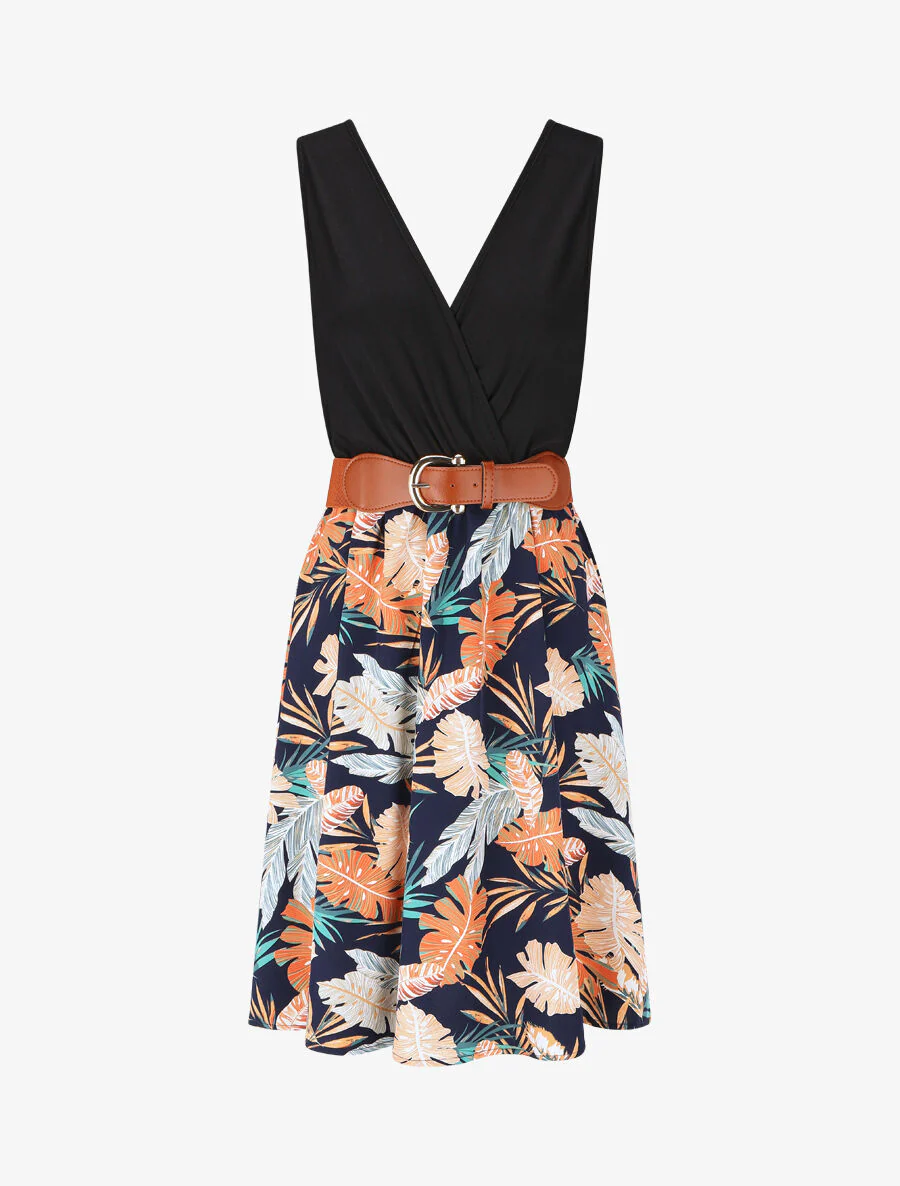 Uitlopende halflange jurk met tropische print - Marineblauw - Image 5