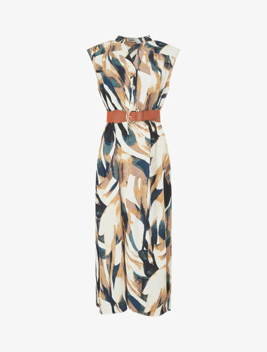 Uitlopende jurk met knopen en abstracte print - blauwgroen