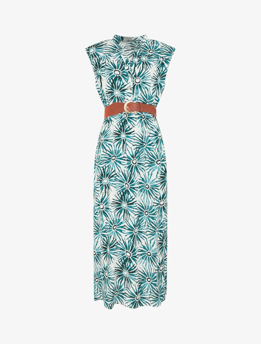 Uitlopende jurk met knopen en bloemenprint - groen