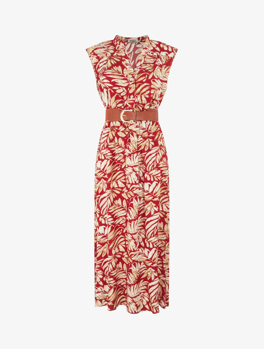 Uitlopende jurk met knopen met plantenprint - Rood