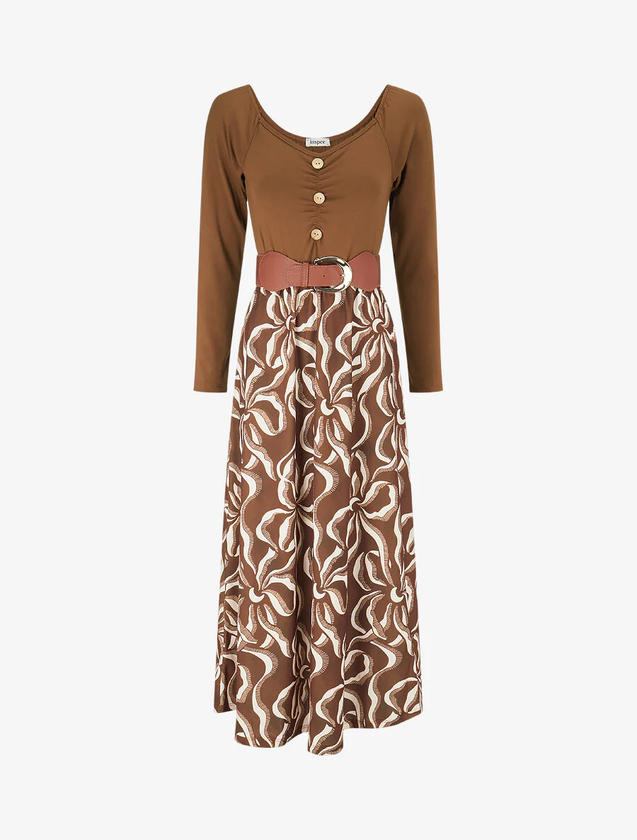 Uitlopende jurk met rok met print - Bruin