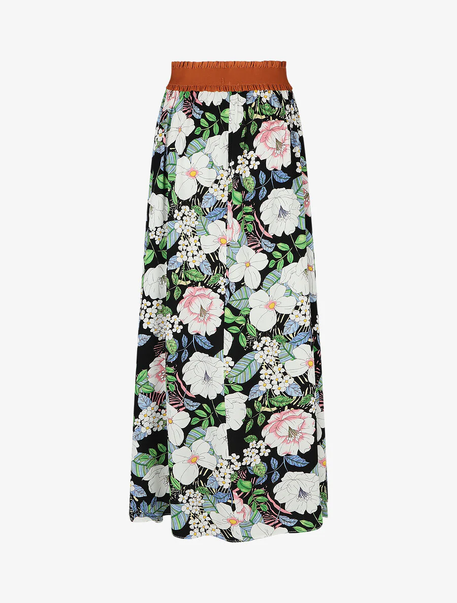 Uitlopende lange rok met bloemenprint - Zwart - Image 2