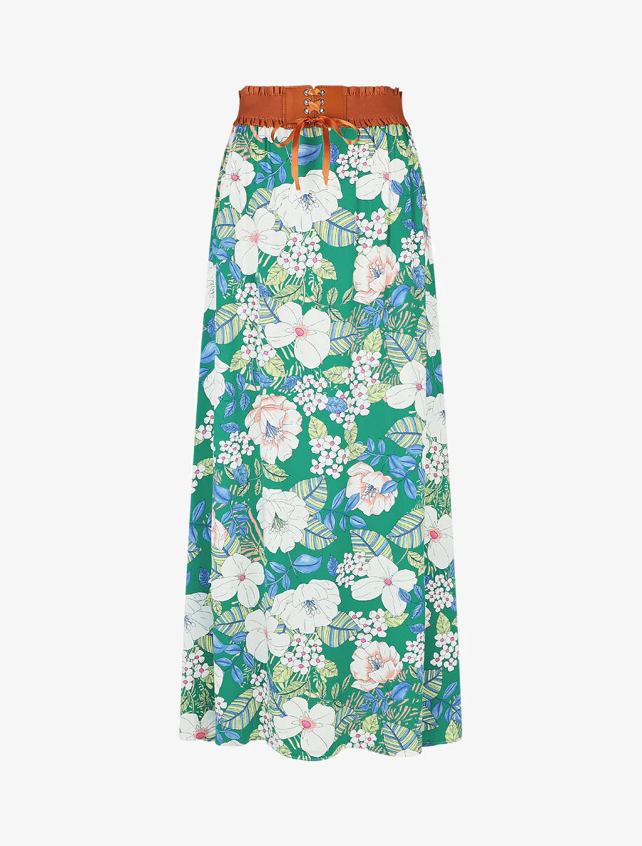 Uitlopende lange rok met bloemenprint - groen