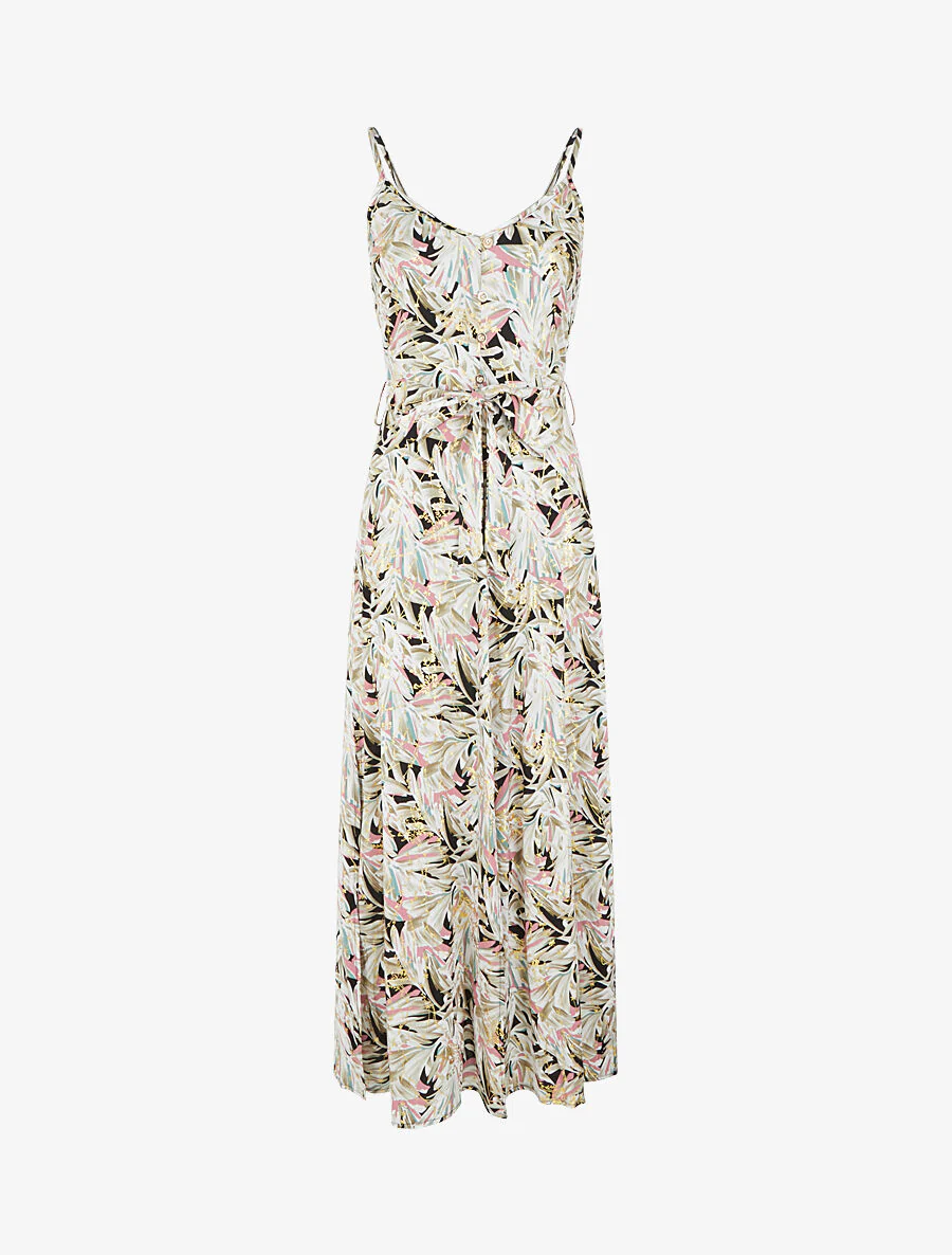 Uitlopende maxi-jurk met tropische print en dunne bandjes - Zwart/kaki - Image 2