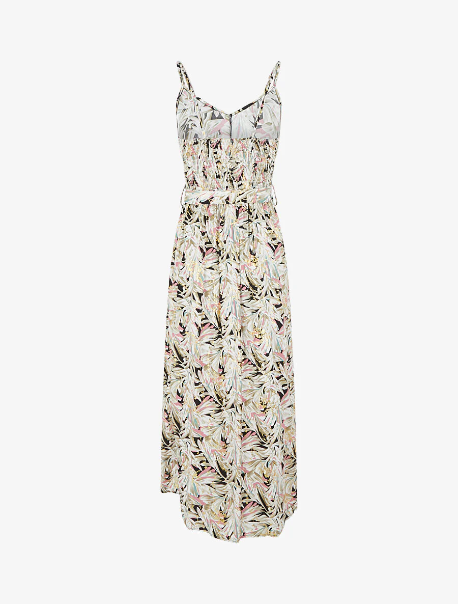 Uitlopende maxi-jurk met tropische print en dunne bandjes - Zwart/kaki - Image 3
