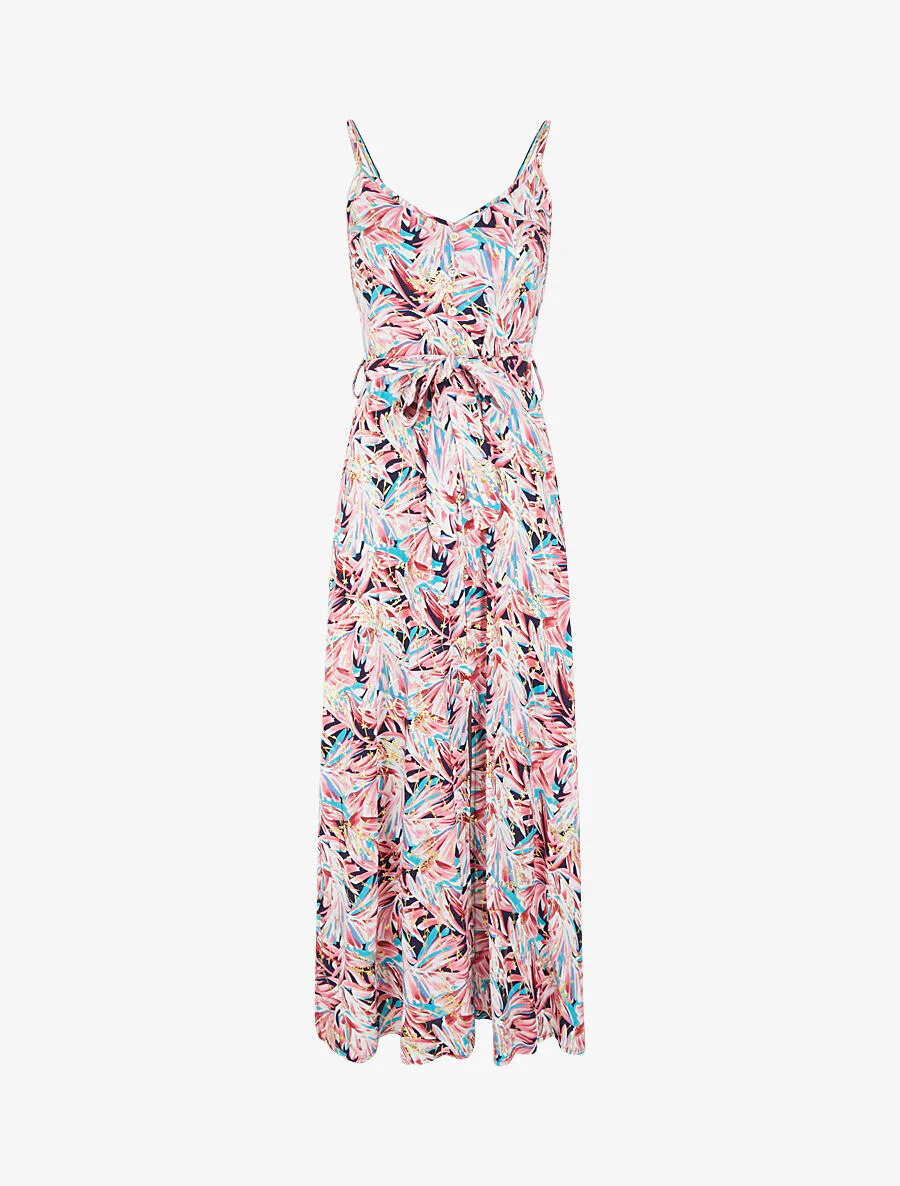 Uitlopende maxi-jurk met tropische print en dunne bandjes - Marineblauw/roze