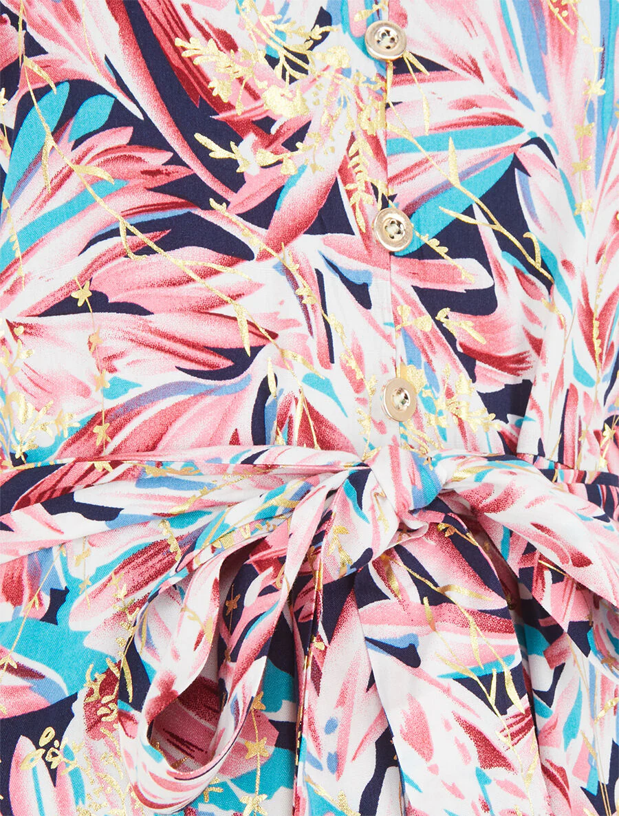 Uitlopende maxi-jurk met tropische print en dunne bandjes - Marineblauw/roze - Image 3