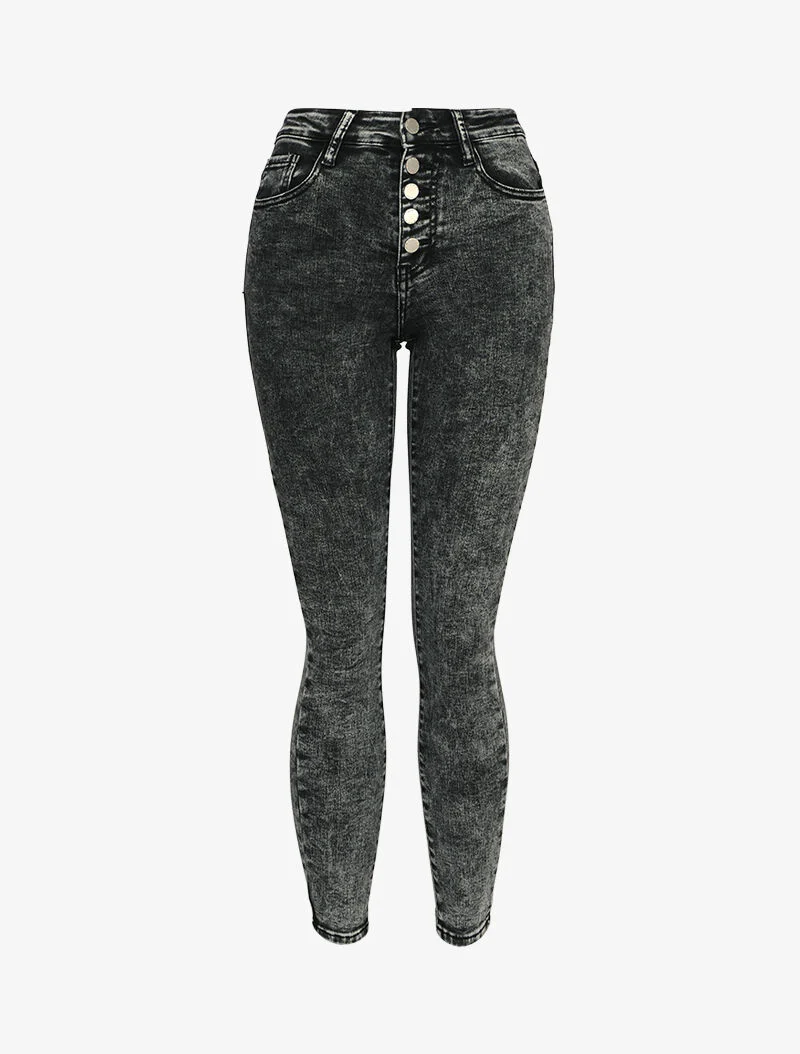 Verweerde skinny jeans met knoopsluiting - Donkergrijs