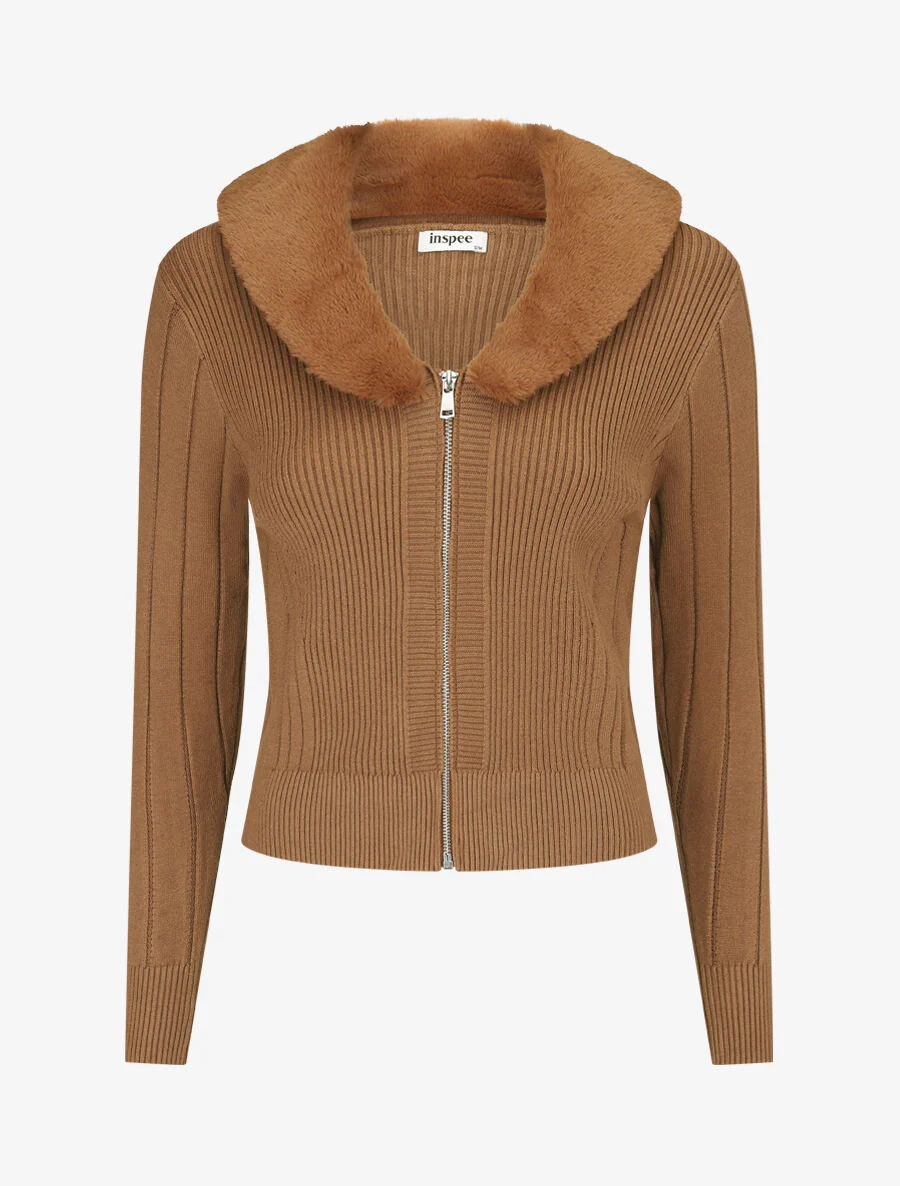 Vest met rits en kraag van synthetisch bont - Kameel