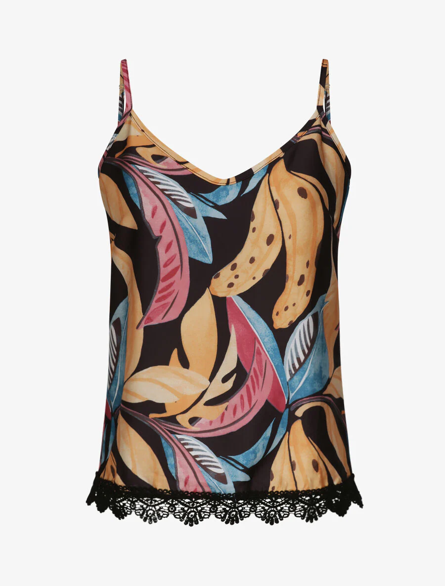 Vierkante afgedrukte abstracte bladeren tanktop - Zwart