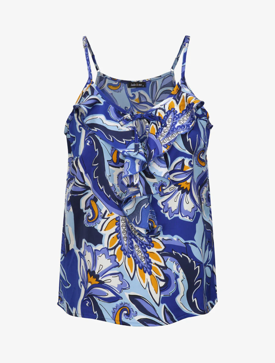 Vierkante tanktop met tropische patronen met een ruche kraag - Blauw