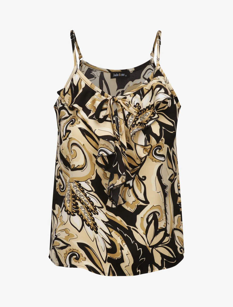 Vierkante tanktop met tropische patronen met een ruche kraag - Zwart