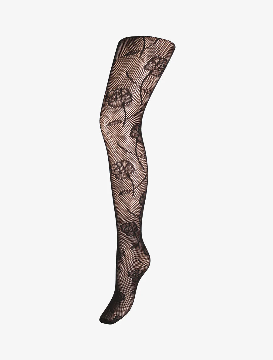 Netpanty's met bloemenmotief - Zwart
