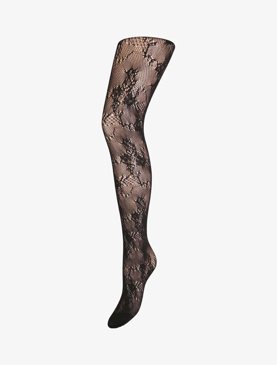Visnetpanty met bloemenmotief - Zwart
