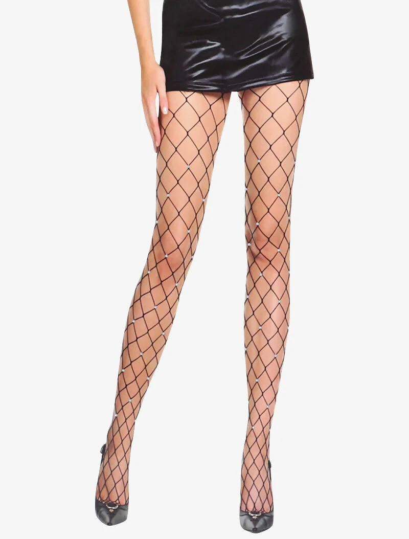 Netpanty's met grote mazen versierd met strass - zwart
