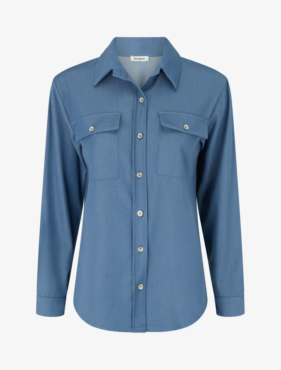 Vloeiend effen overhemd met zakken - Blauw