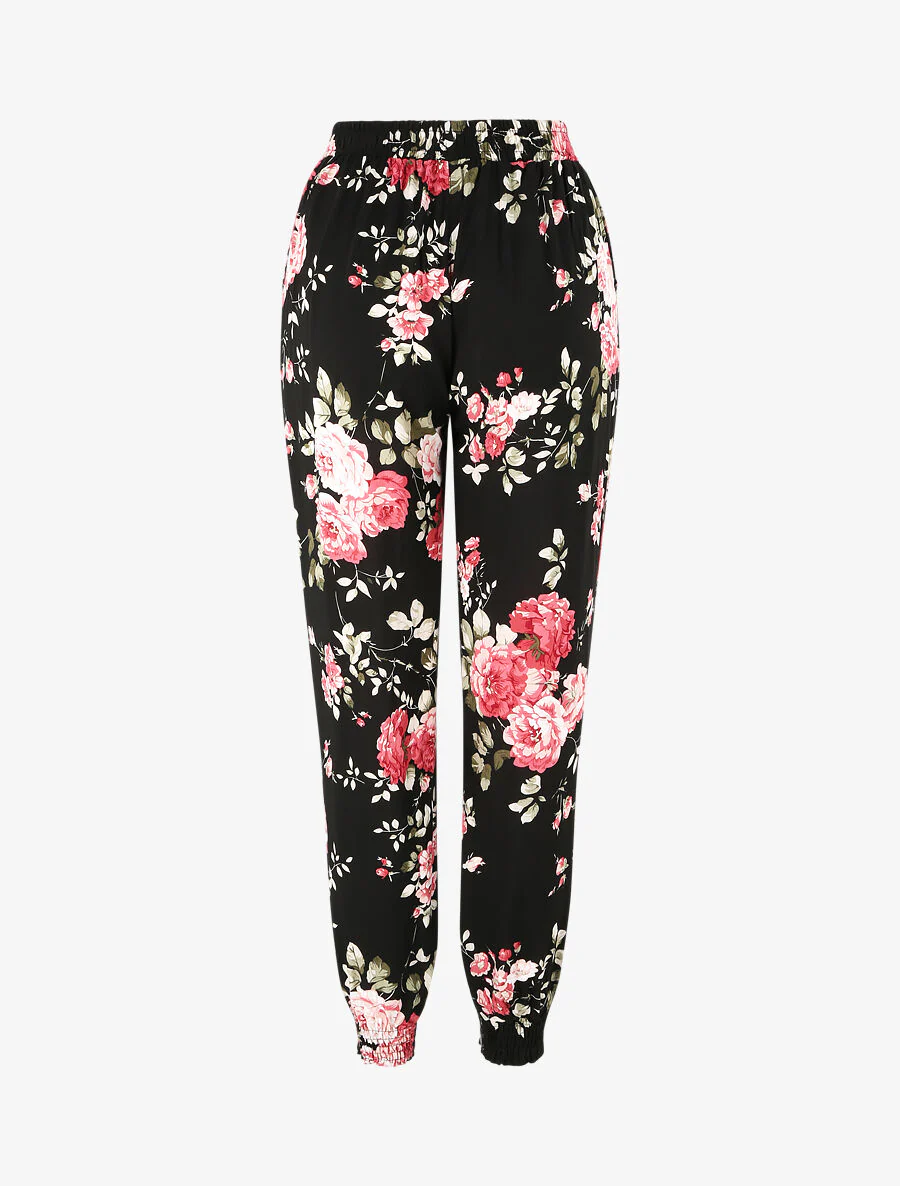 Vloeiende broek met bloemenprint en elastische randen - Zwart - Image 2
