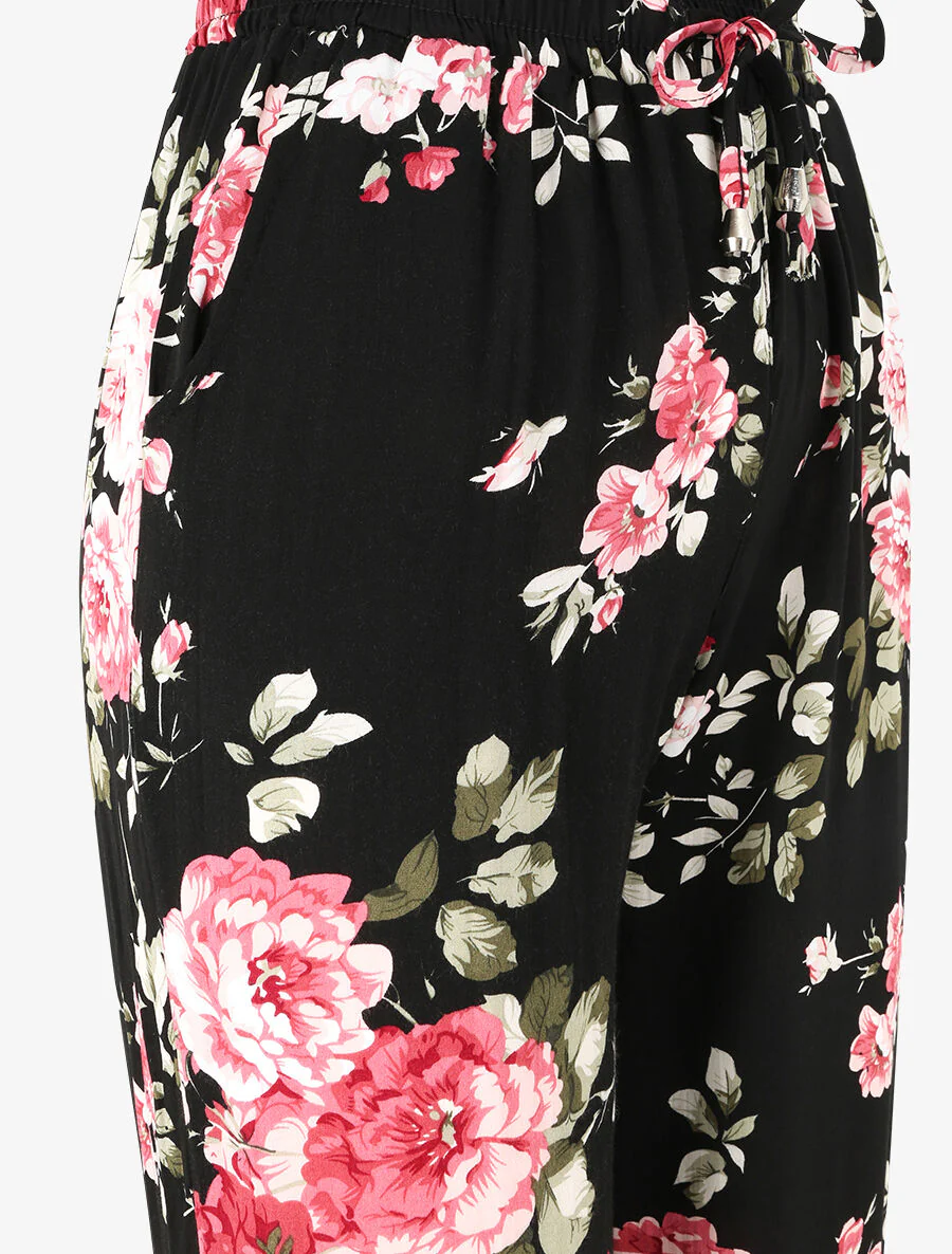 Vloeiende broek met bloemenprint en elastische randen - Zwart - Image 3
