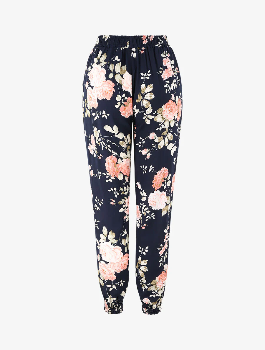 Vloeiende broek met bloemenprint en elastische randen - Nachtblauw - Image 2