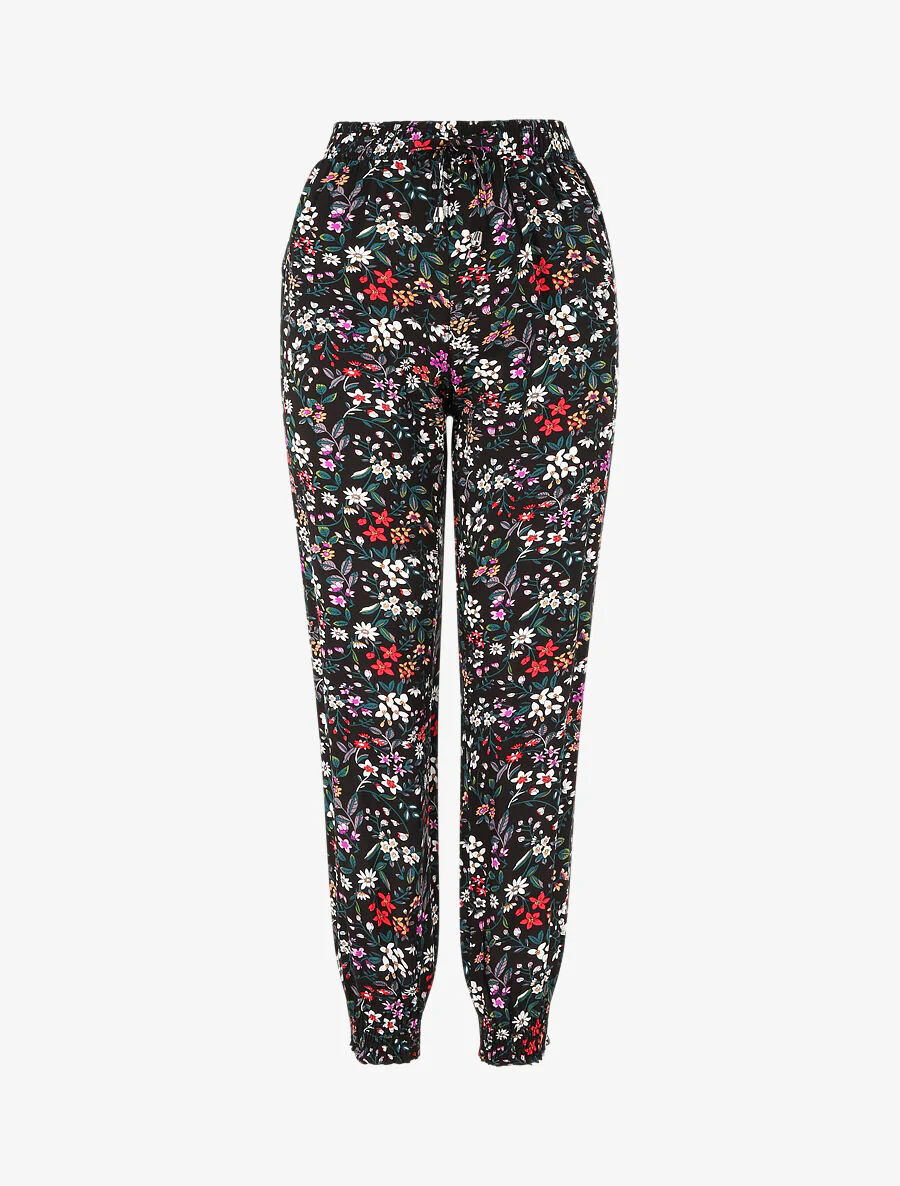 Vloeiende broek met kleine bloemenprint en elastische randen - Zwart