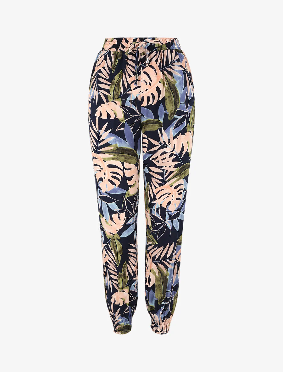 Vloeiende broek met tropische bloemenprint en elastische randen - Marineblauw